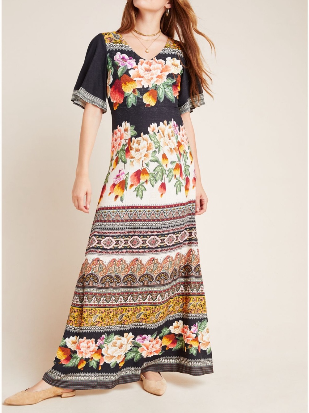 Farm Rio for Anthropologie Esmeralda Floral Print V-Neck Maxi Dress Black/Multi